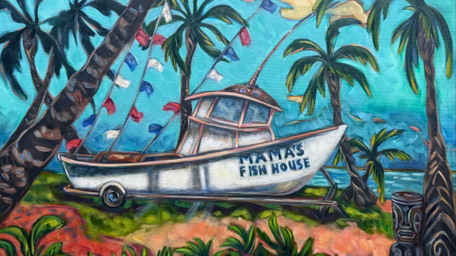 A colorful painted tropical scene featuring a white fishing boat labeled 'MAMA'S FISH HOUSE' on a trailer, surrounded by palm trees, beach grass, and a turquoise sky.