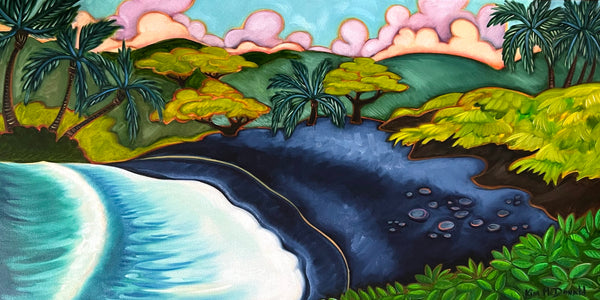 Colorful tropical landscape with palm trees, a river, and beach.