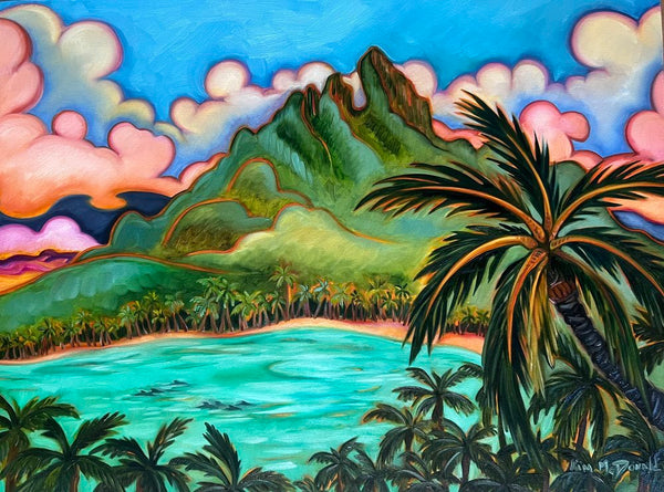 Tropical landscape with palm trees, mountains, and a blue sky with pink clouds.