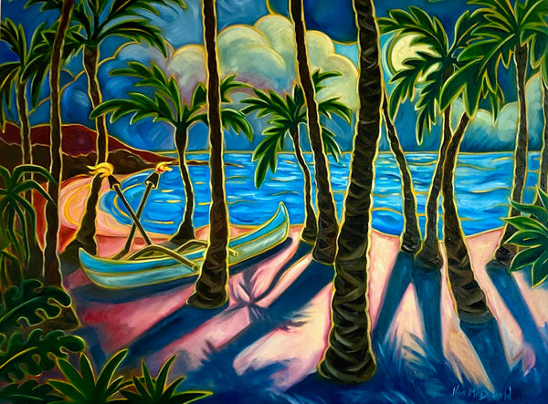Colorful painting of a tropical scene with palm trees and a boat.