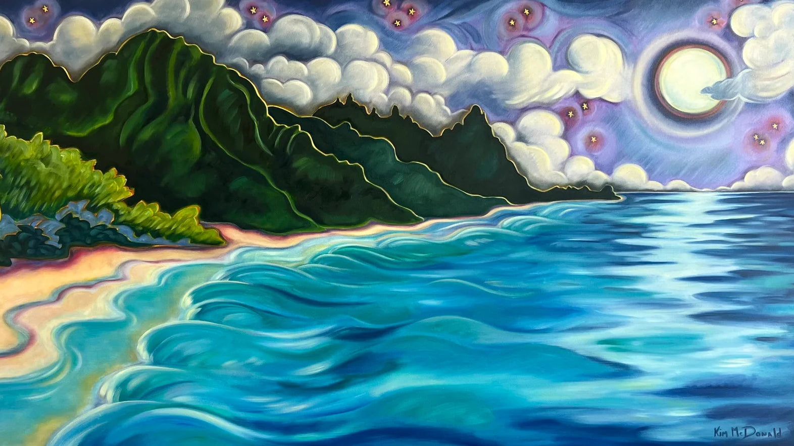 A colorful painted seascape showing a tropical beach with turquoise ocean water, green mountains, white clouds, and a bright moon in the sky.
