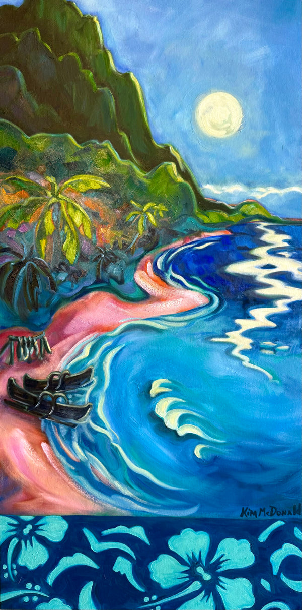 A colorful painted tropical beach scene with blue ocean water, pink sand, green palm trees, dark green mountains, a bright full moon, and a dark blue hibiscus floral border along the bottom.
