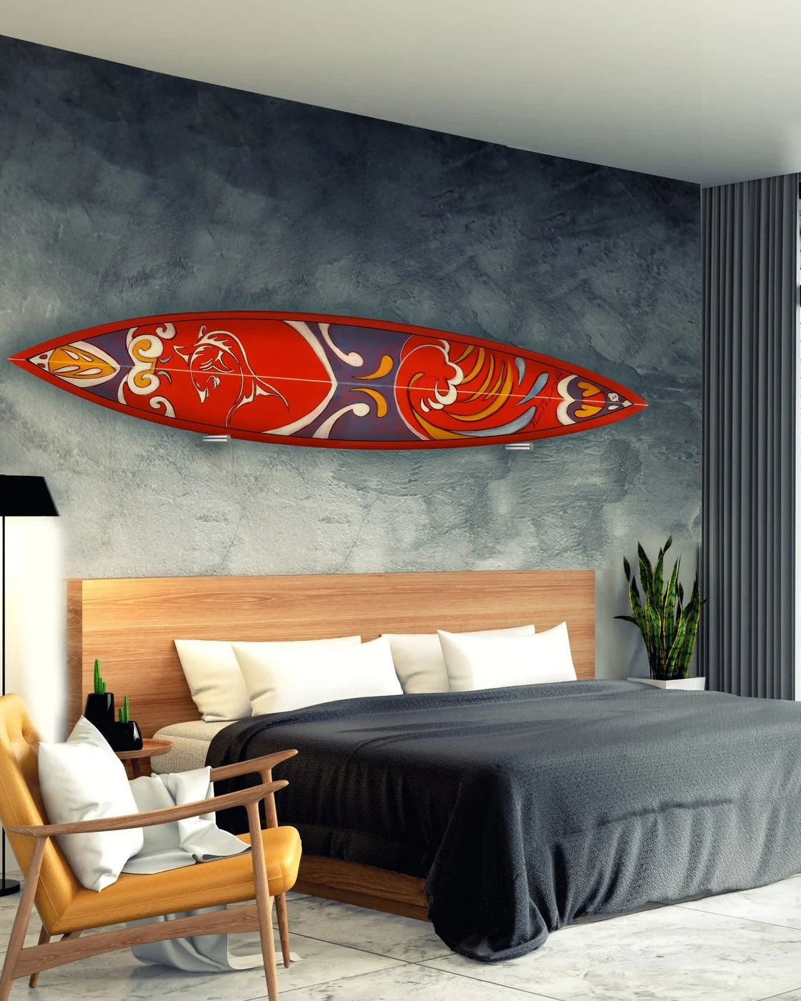 A modern bedroom interior with a large bed, wood headboard, wall art, and floor-to-ceiling windows overlooking a tropical beach scene with palm trees, ocean, and lounge chairs.